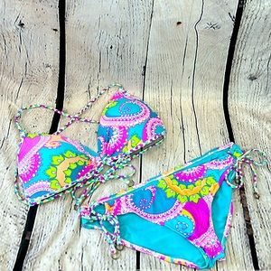 B Swim Purple Pink Blue Push Up String Bikini Size Large Excellent Condition